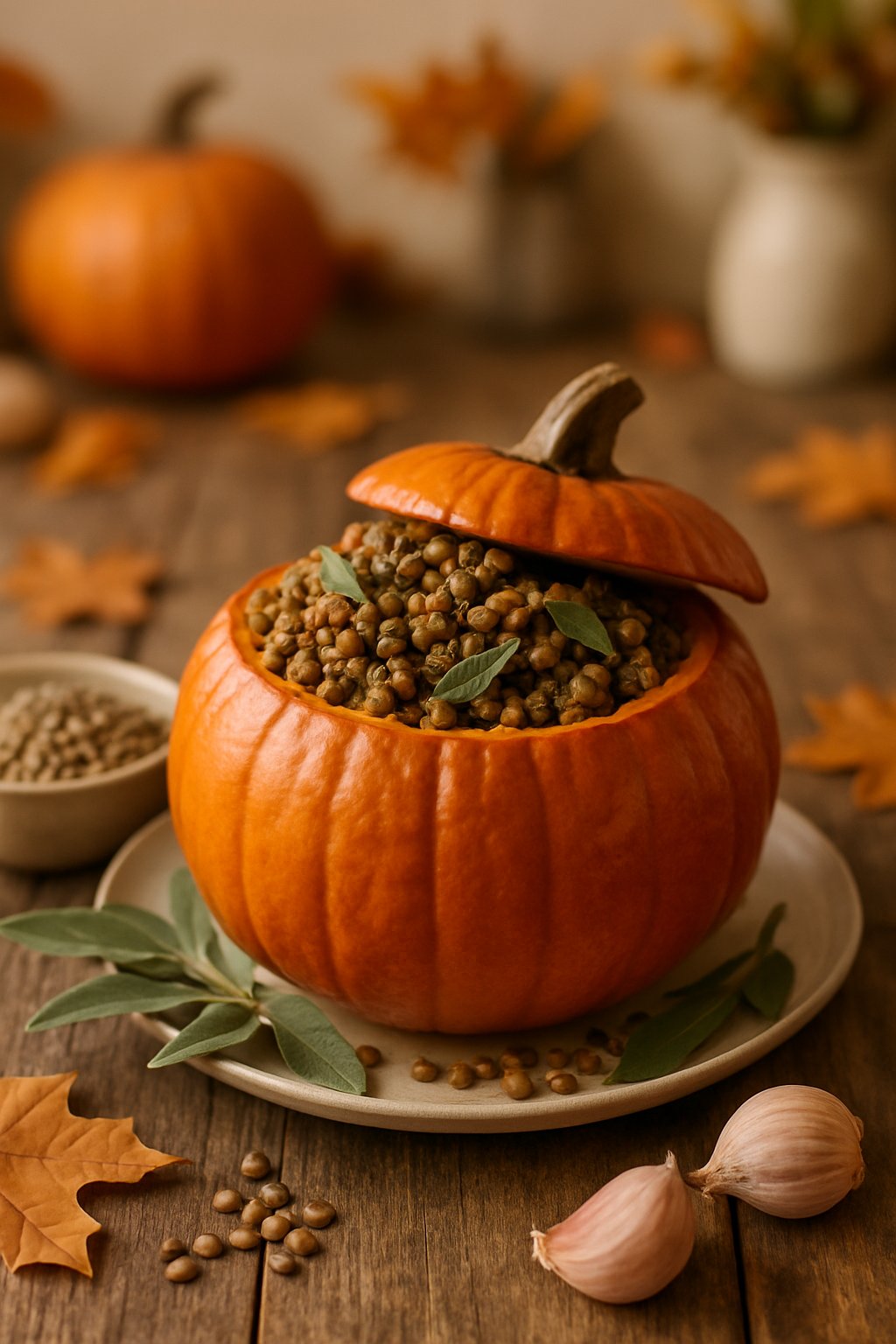 A hollowed-out pumpkin filled with lentil and sage stuffing on a wooden table surrounded by fresh ingredients and autumn leaves.