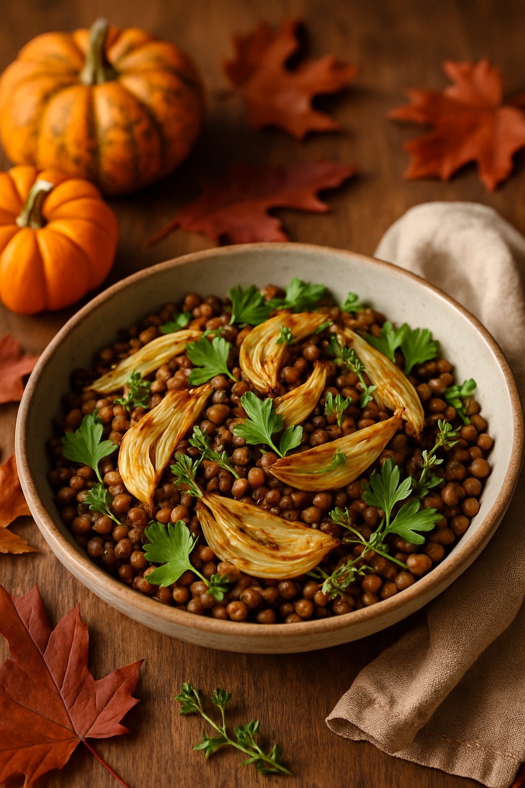 A bowl of lentil and roasted fennel salad garnished with fresh herbs on a wooden table with autumn decorations around it.