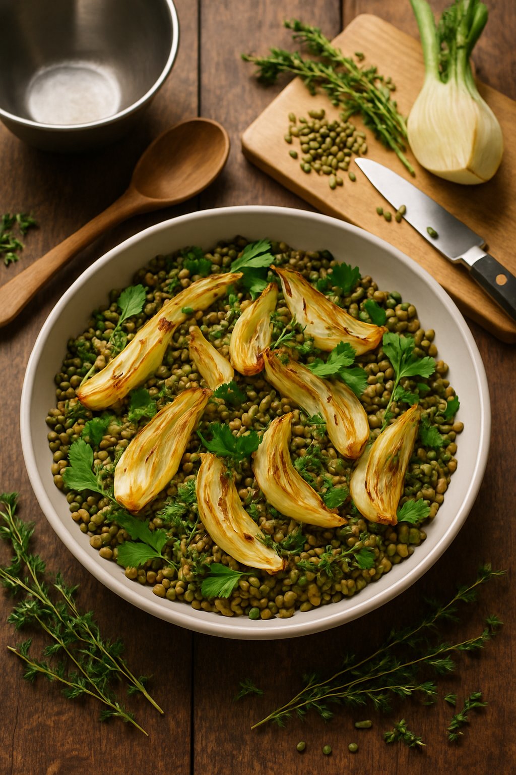 A bowl of lentil and roasted fennel salad on a wooden table surrounded by cooking utensils and fresh ingredients.