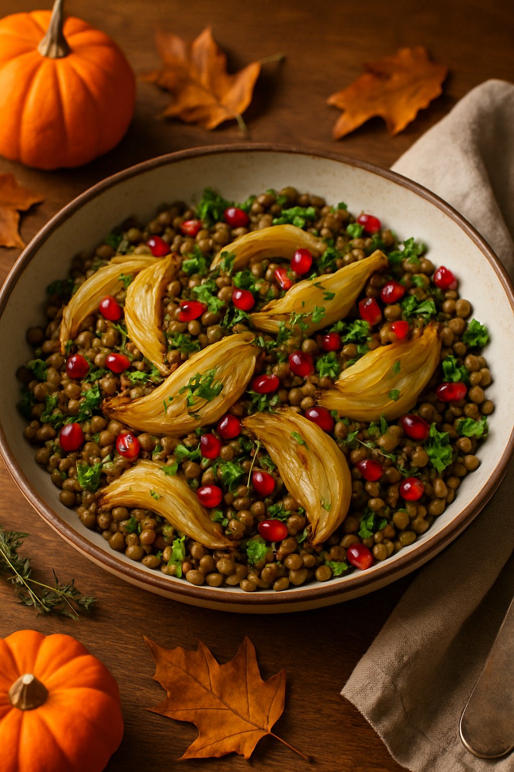 A bowl of lentil and roasted fennel salad garnished with herbs and pomegranate seeds on a wooden table with autumn decorations.