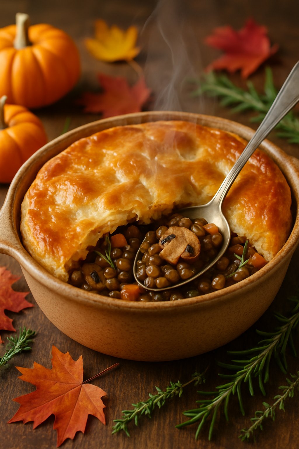 A freshly baked lentil and mushroom pot pie with a golden crust on a wooden table surrounded by autumn decorations.