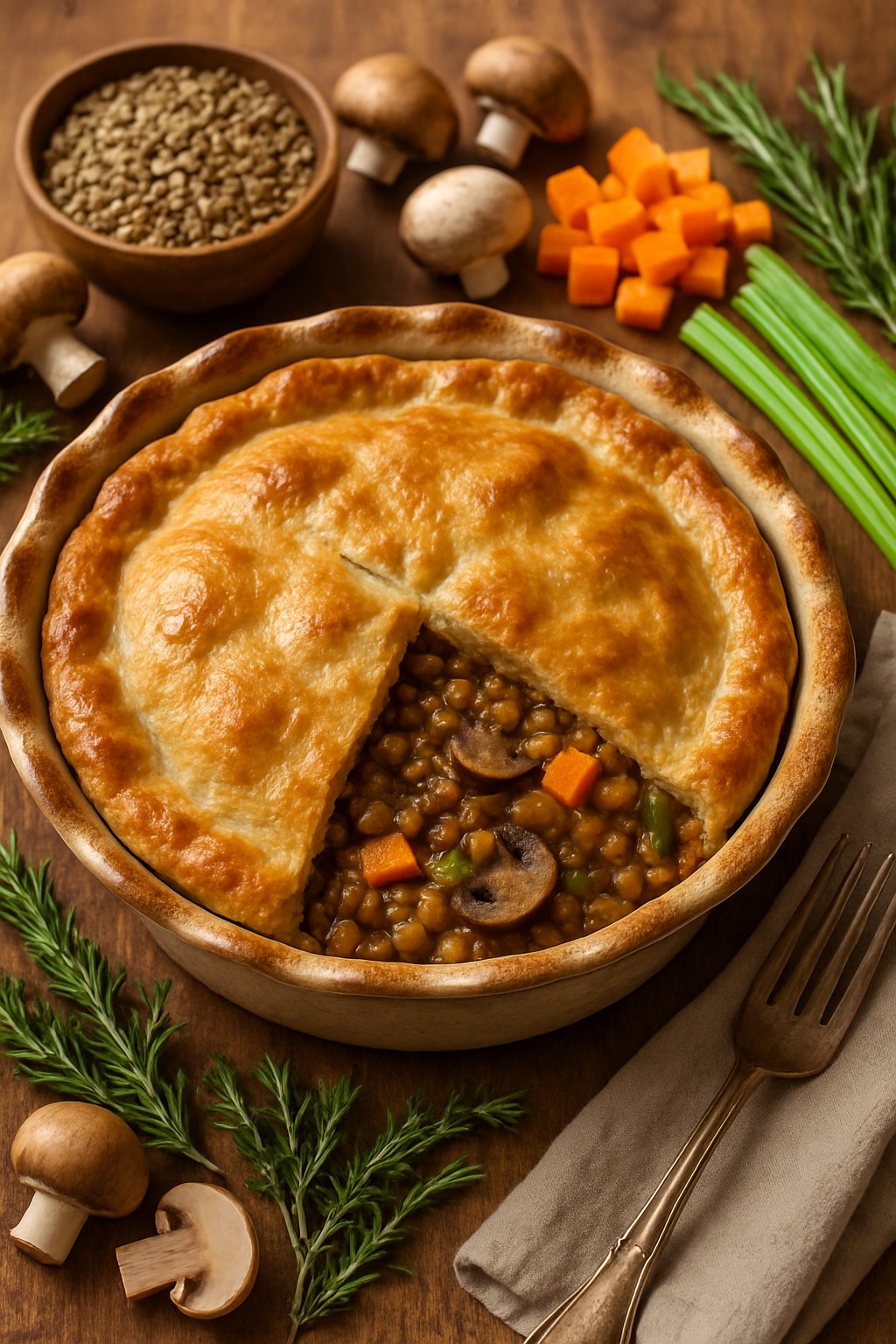 A golden brown lentil and mushroom pot pie in a ceramic dish surrounded by fresh lentils, mushrooms, carrots, celery, and herbs on a wooden table.