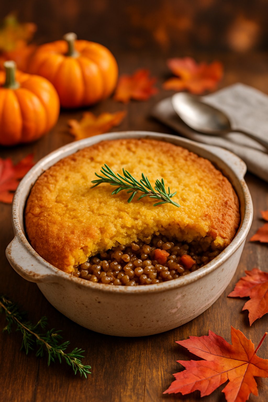 A golden-brown lentil and cornbread casserole in a ceramic dish on a wooden table with autumn decorations around it.
