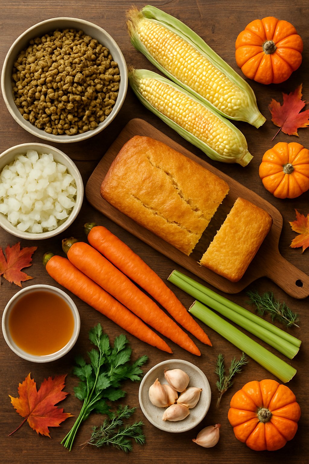 Fresh ingredients including lentils, cornbread, corn, carrots, onions, celery, garlic, and herbs arranged on a wooden table with autumn decorations.