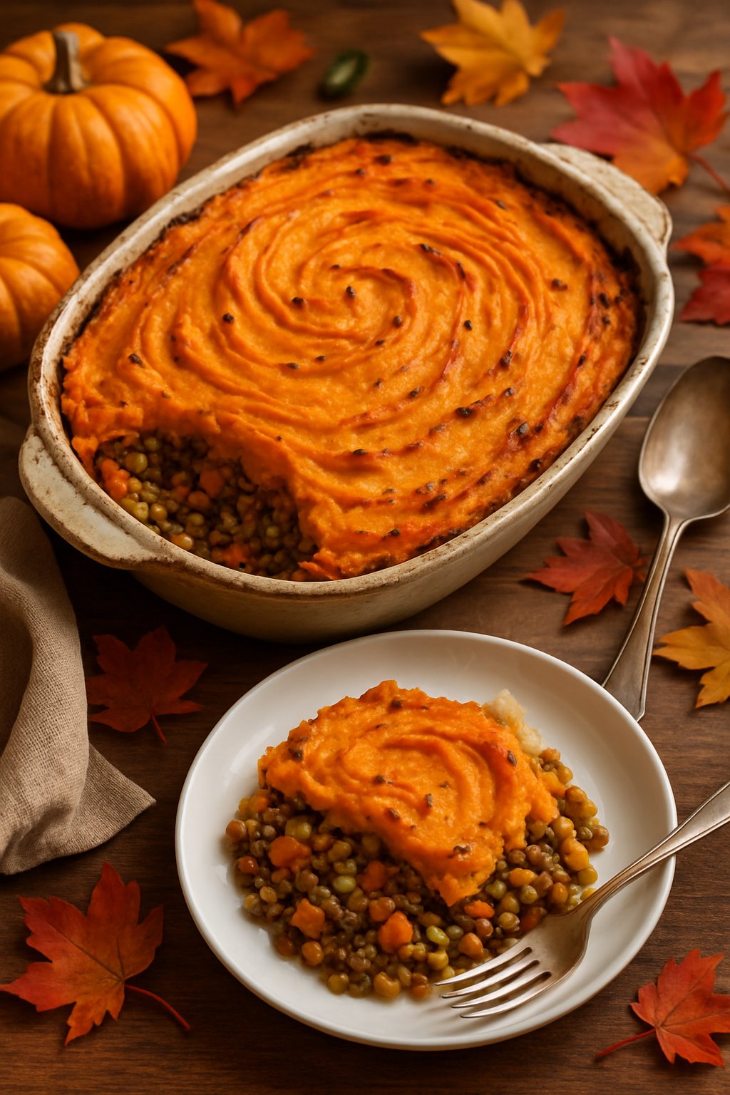 A freshly baked lentil and sweet potato shepherd’s pie in a ceramic dish on a wooden table with autumn decorations and a serving spoon nearby.