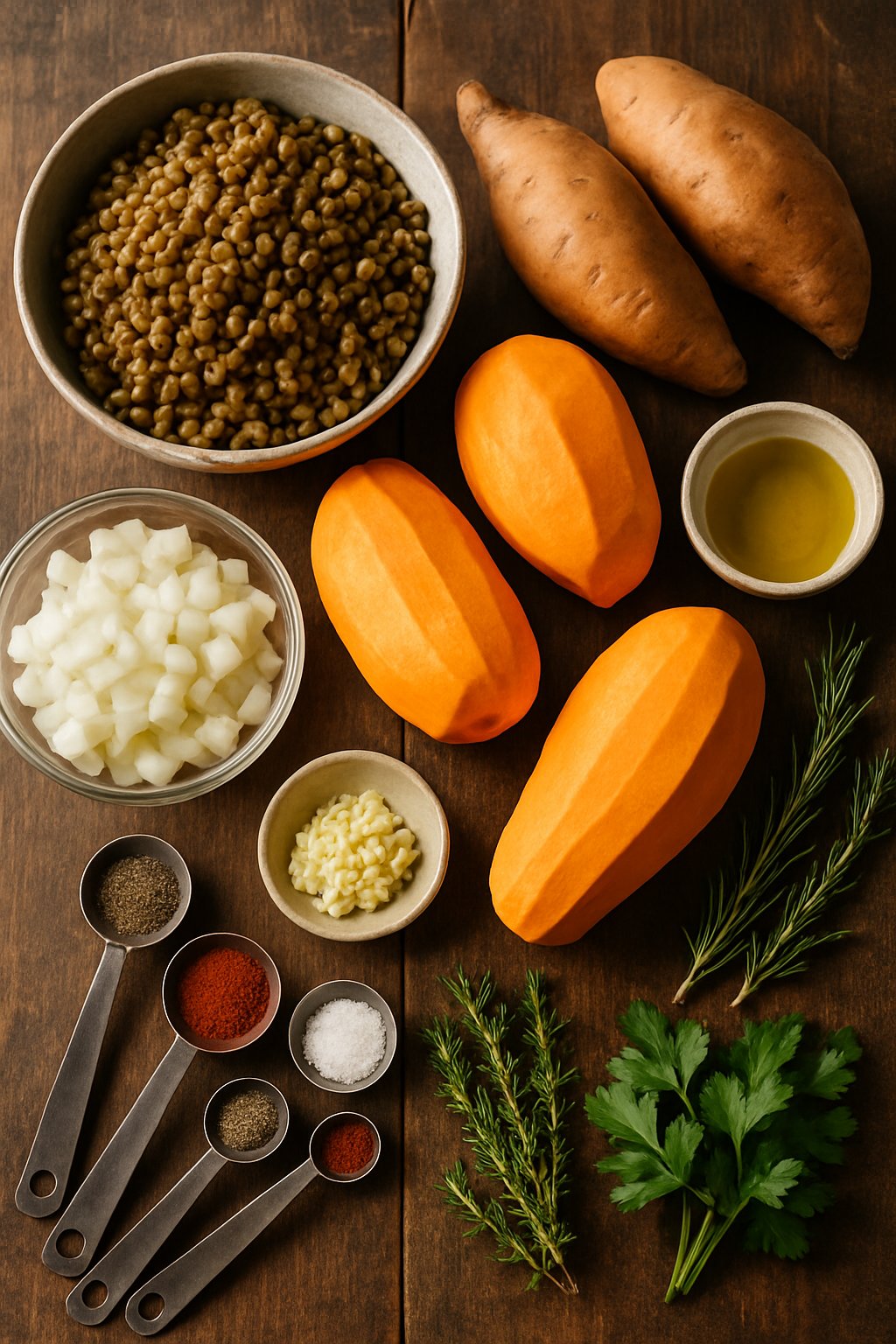 A collection of fresh ingredients for Thanksgiving lentil and sweet potato shepherd’s pie arranged on a wooden table.