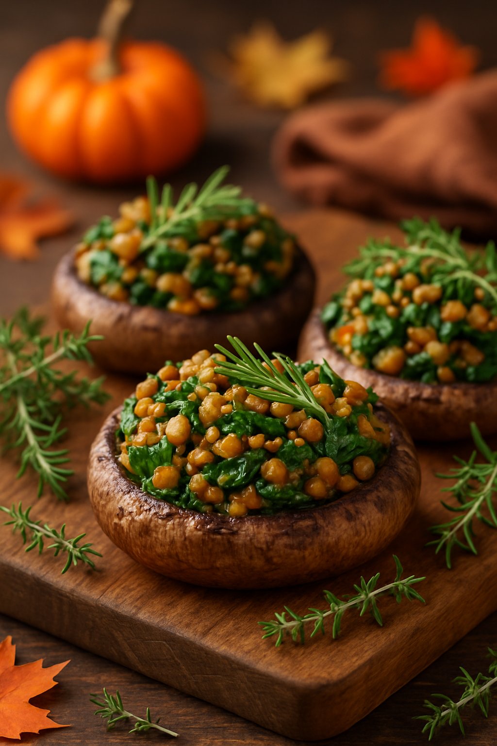 Close-up of roasted Portobello mushrooms stuffed with lentils and spinach, arranged on a wooden board with autumn decorations in the background.