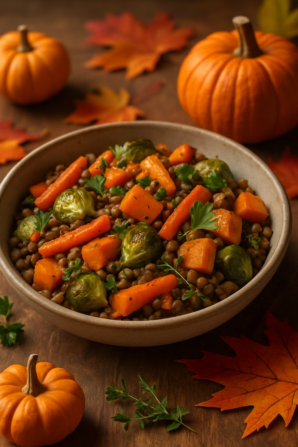 A bowl of lentil and roasted vegetable medley on a wooden table with autumn decorations around it.