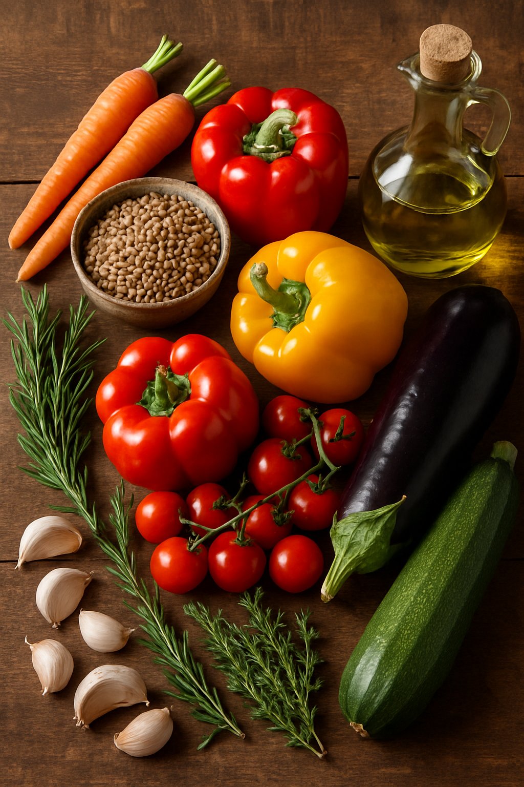Fresh vegetables and lentils arranged on a wooden table with herbs and olive oil, ready for cooking.