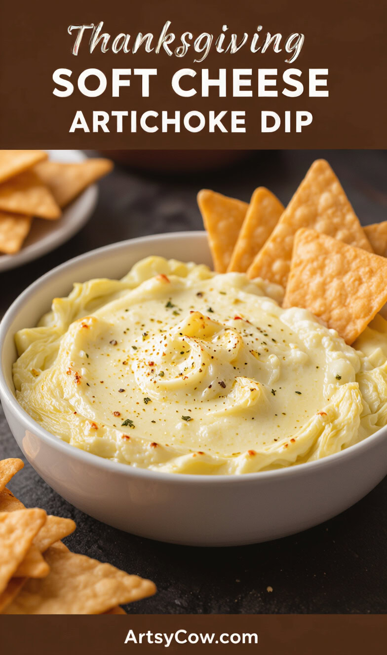 thanksgiving potluck soft cheese artichoke dip recipe pin image
