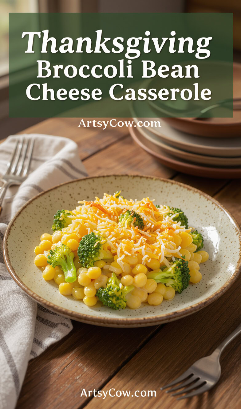thanksgiving potluck broccoli bean cheese casserole recipe pin image