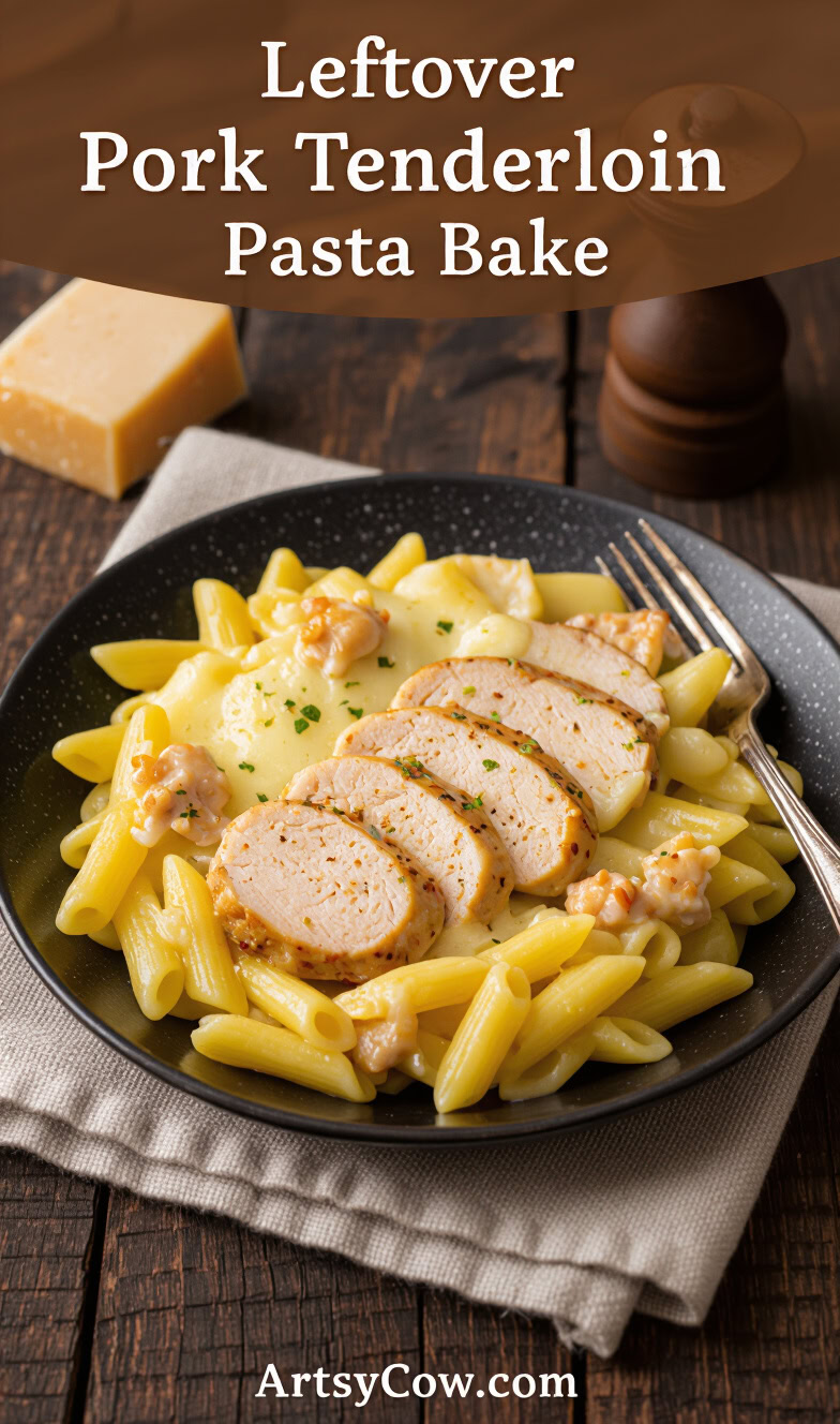leftover pork tenderloin pasta bake recipe pin image
