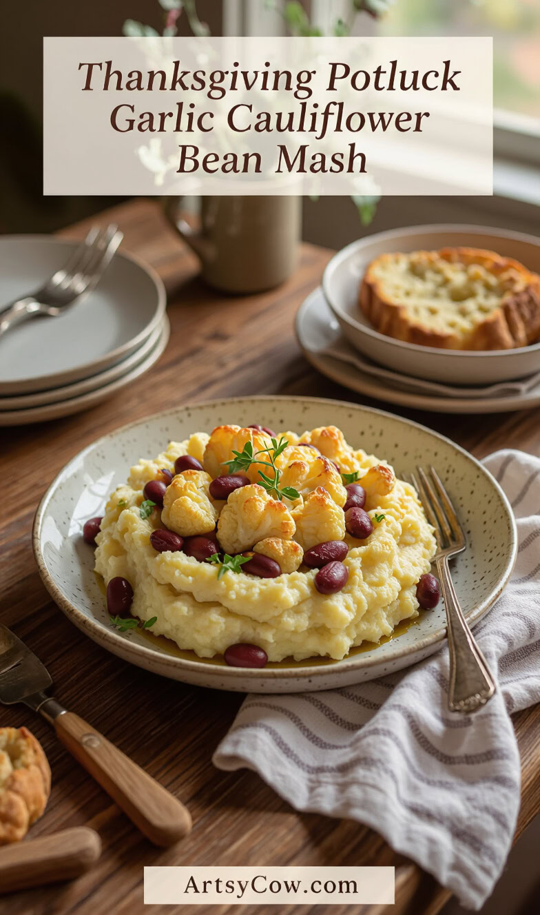 thanksgiving potluck garlic cauliflower bean mash recipe pin image