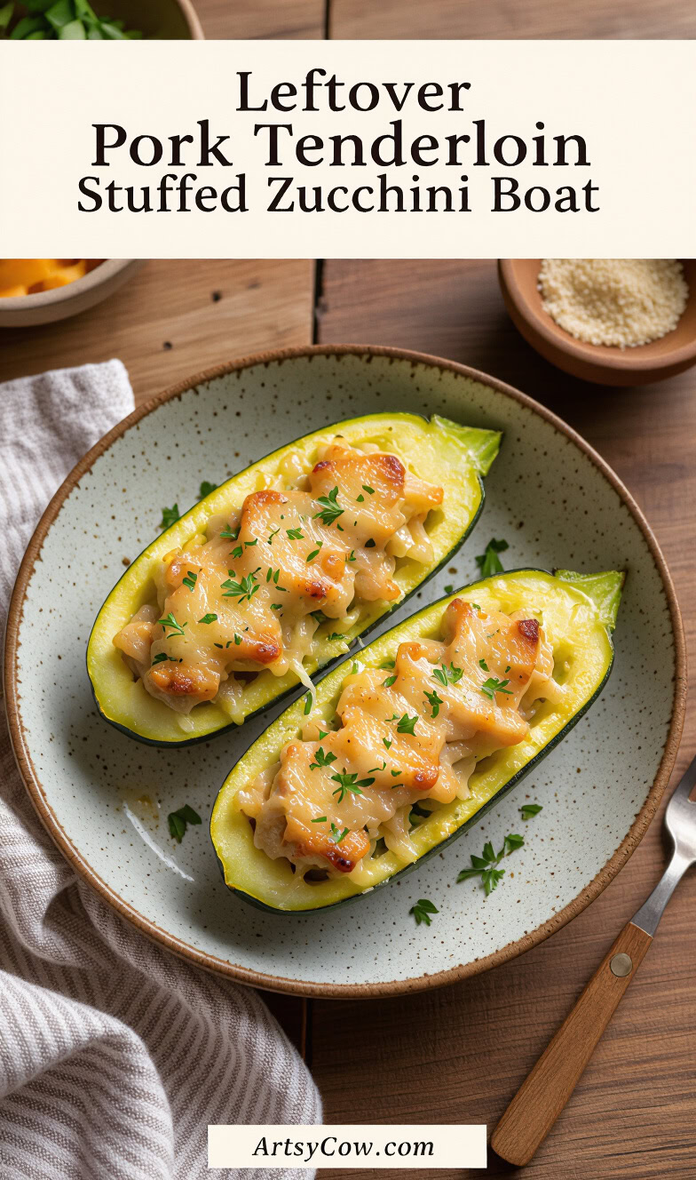 leftover pork tenderloin stuffed zucchini boat recipe pin image