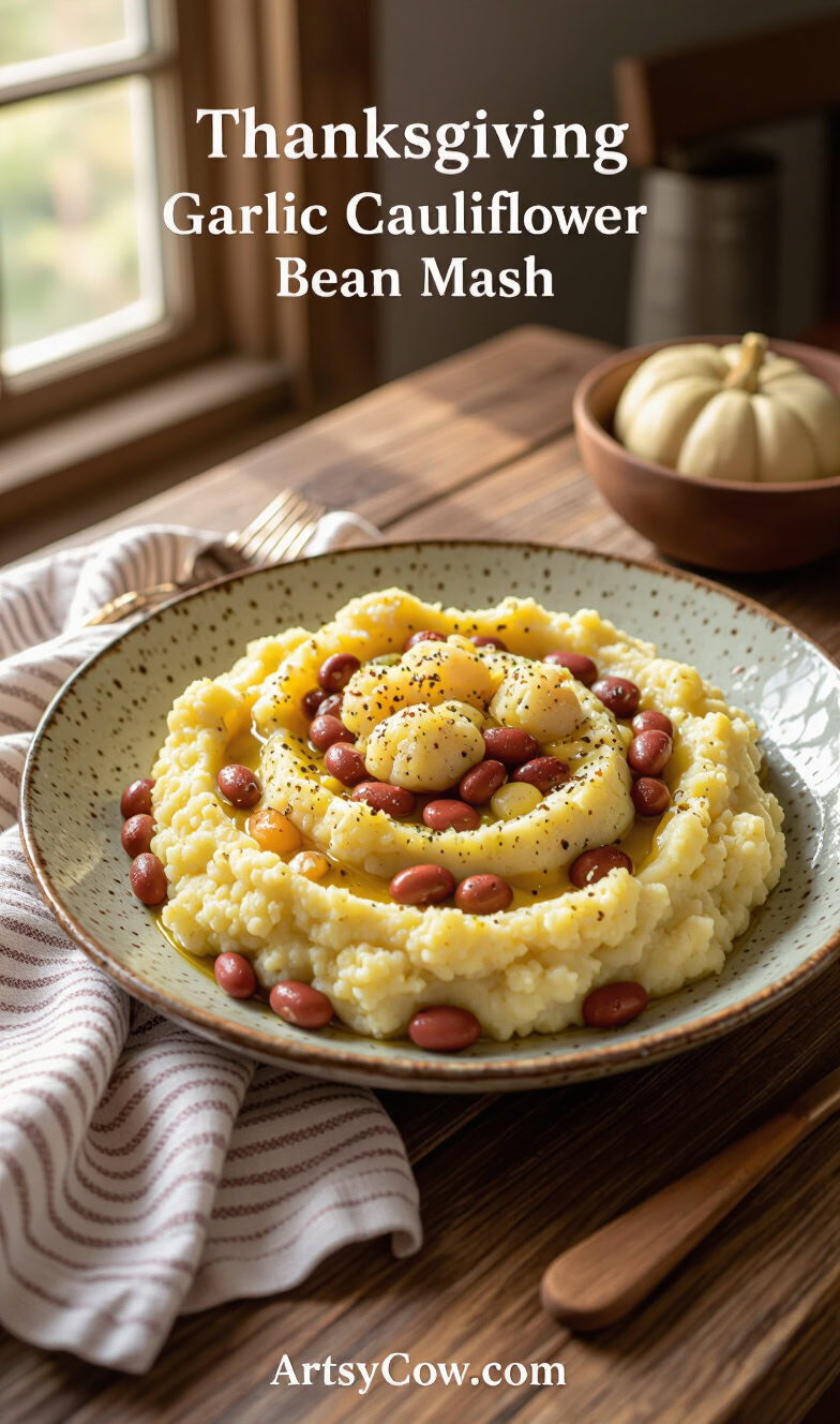 thanksgiving potluck garlic cauliflower bean mash recipe pin image