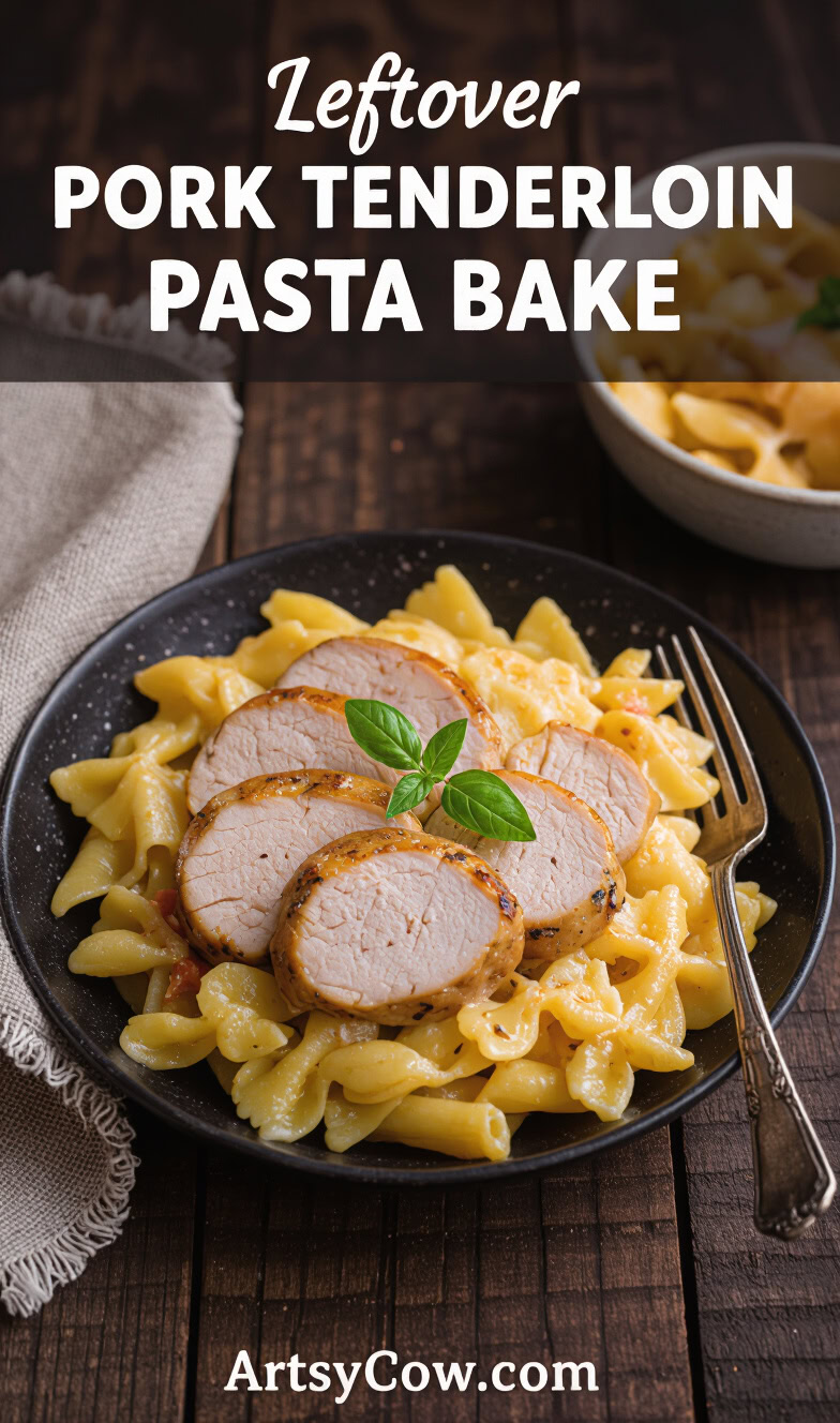 leftover pork tenderloin pasta bake recipe pin image