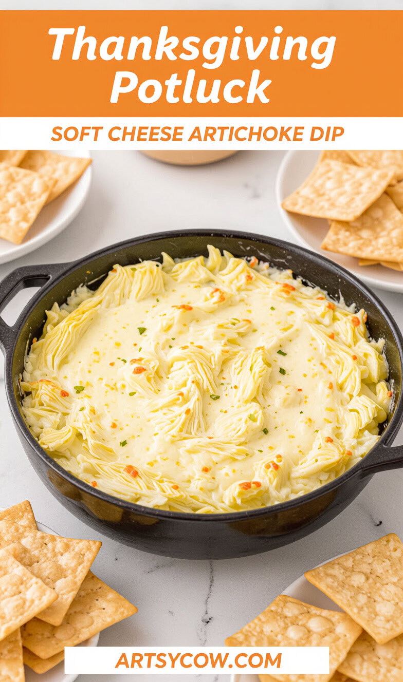 thanksgiving potluck soft cheese artichoke dip recipe pin image