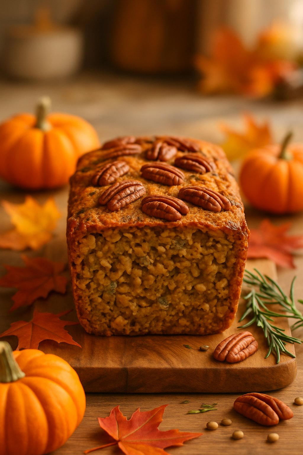 A freshly baked lentil and pecan loaf on a wooden board surrounded by autumn decorations like pumpkins, fall leaves, and pecans.
