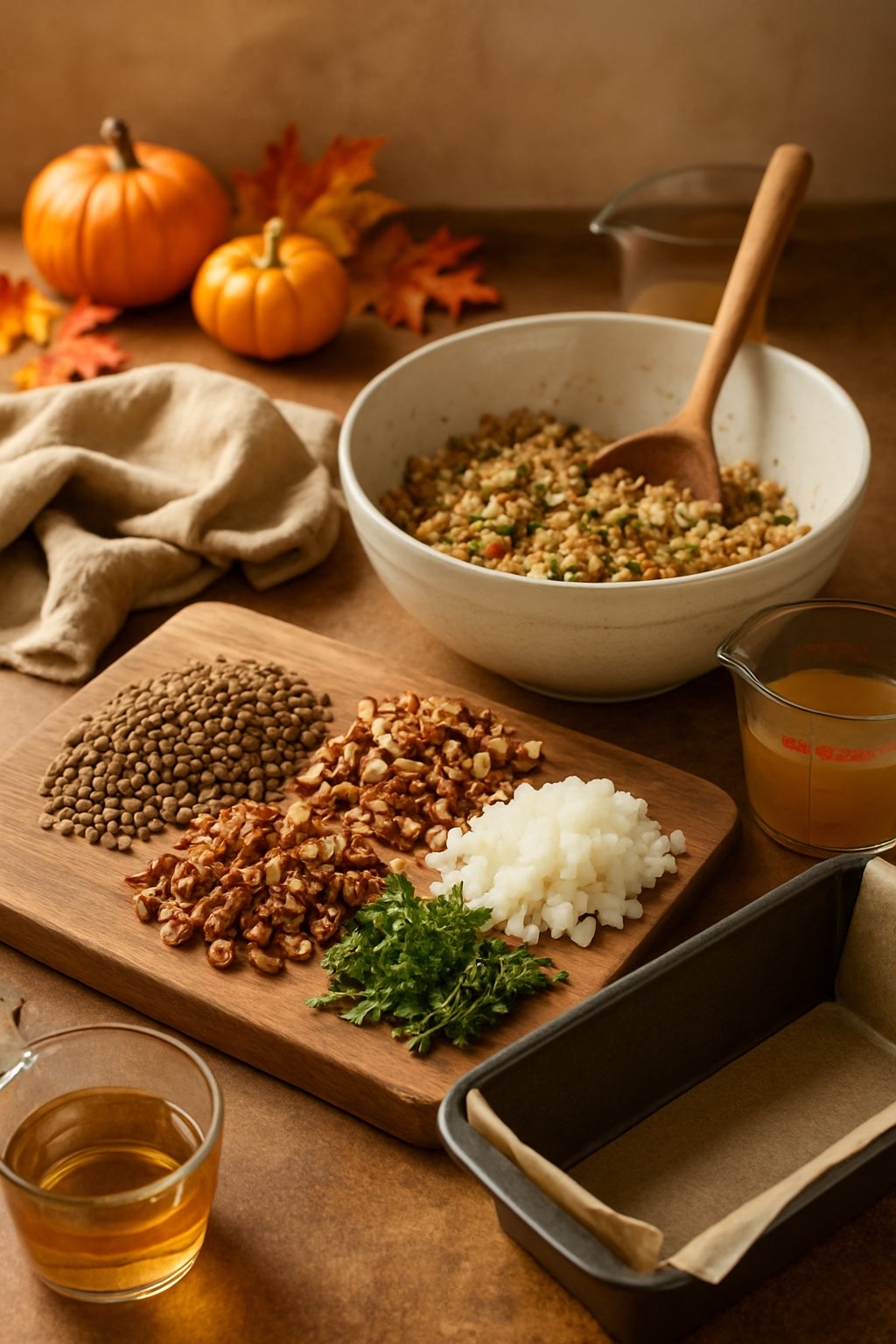 Kitchen countertop with ingredients and equipment for making a lentil and pecan loaf, including lentils, pecans, mixing bowl, wooden spoon, and loaf pan.