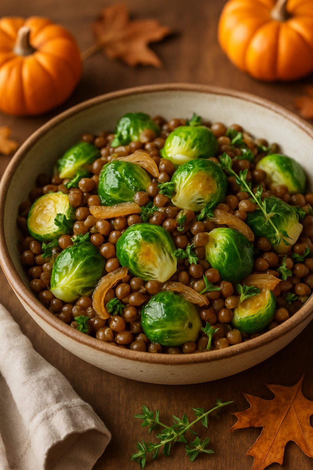 A bowl of lentil and Brussels sprouts hash garnished with fresh herbs on a wooden table with autumn decorations around it.