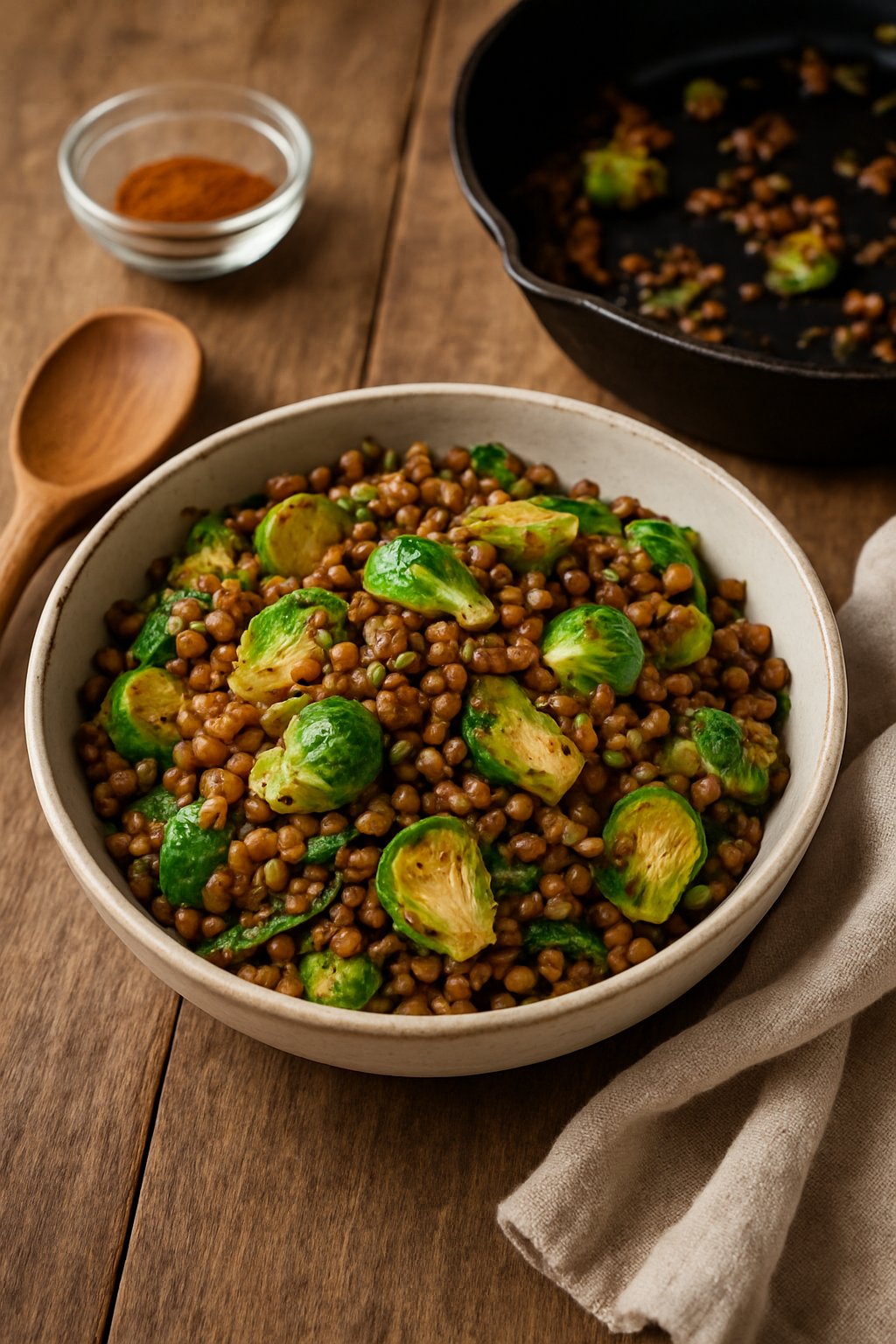 A bowl of lentil and Brussels sprouts hash on a wooden table surrounded by cooking utensils and ingredients.