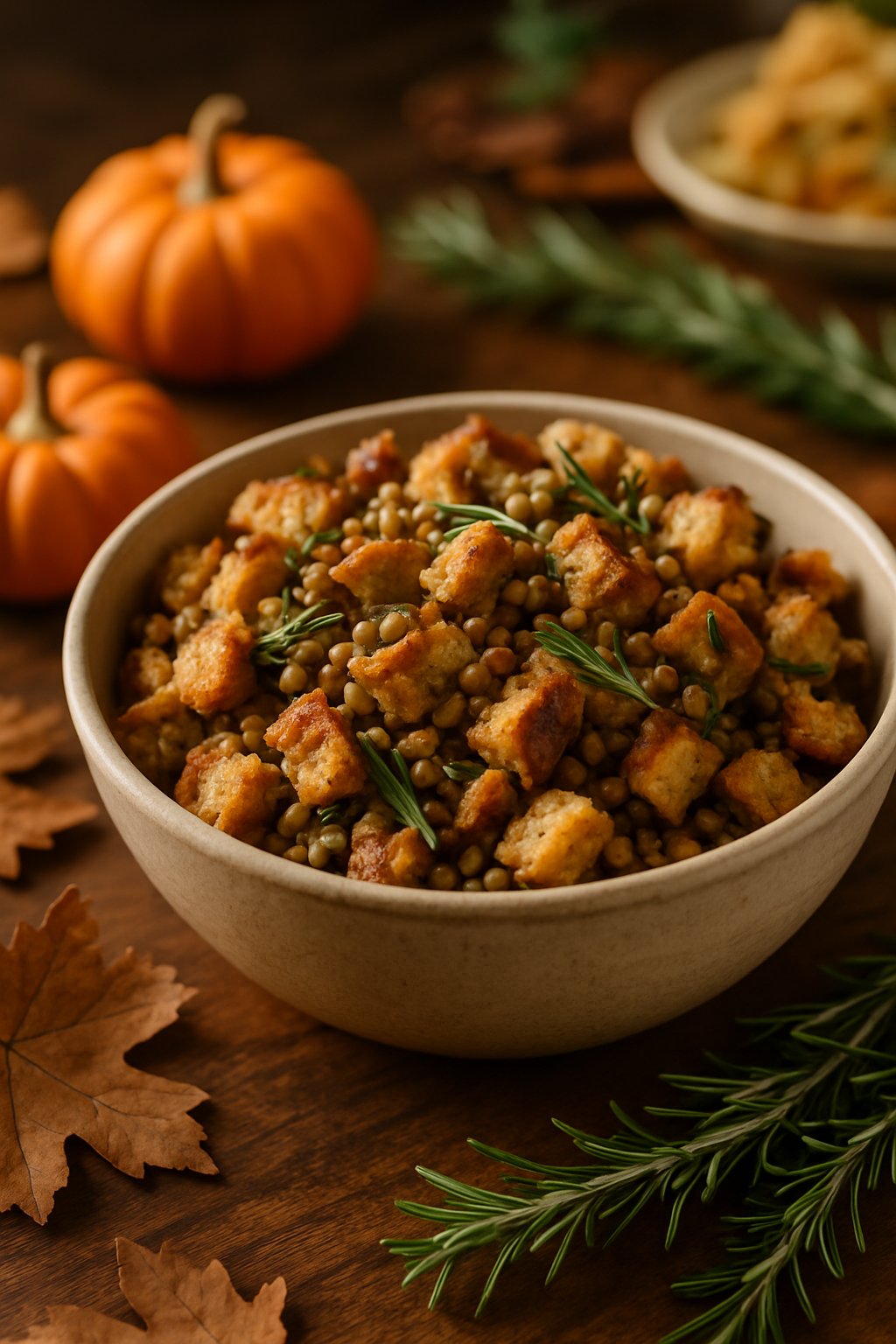 A bowl of lentil and rosemary bread stuffing on a wooden table with autumn decorations around it.