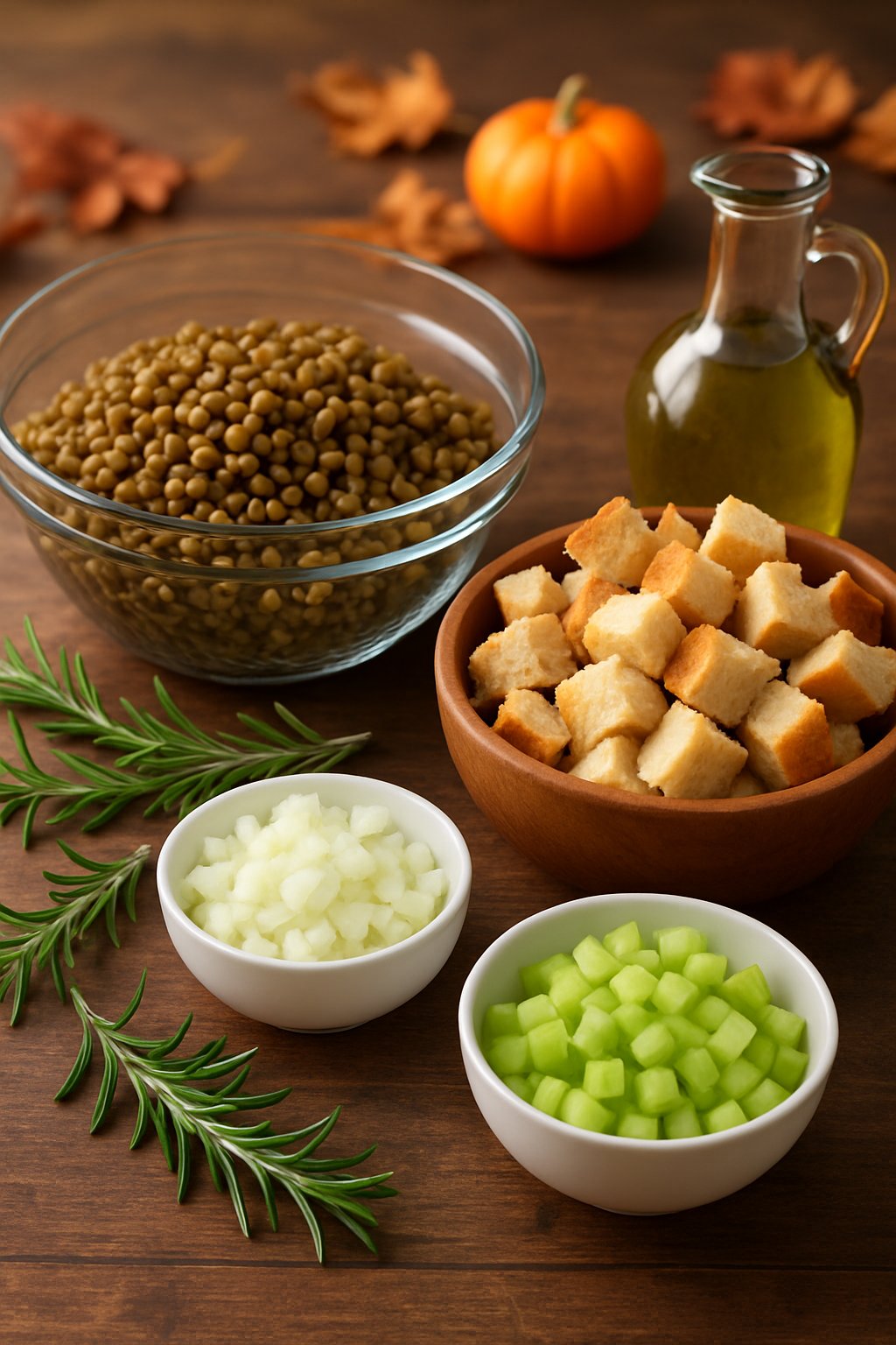 A wooden table displaying ingredients for Thanksgiving lentil and rosemary bread stuffing, including lentils, rosemary, bread cubes, chopped onions and celery, and olive oil.