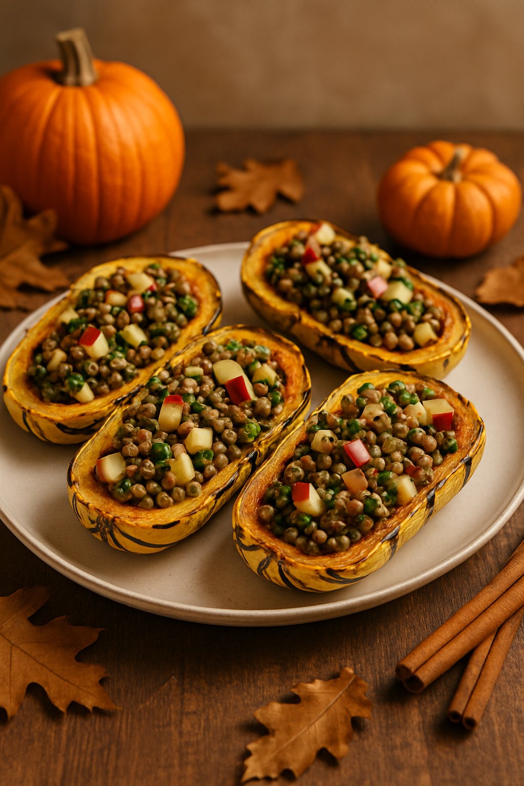 Two halves of roasted delicata squash stuffed with a lentil and apple mixture on a wooden table with autumn decorations around.