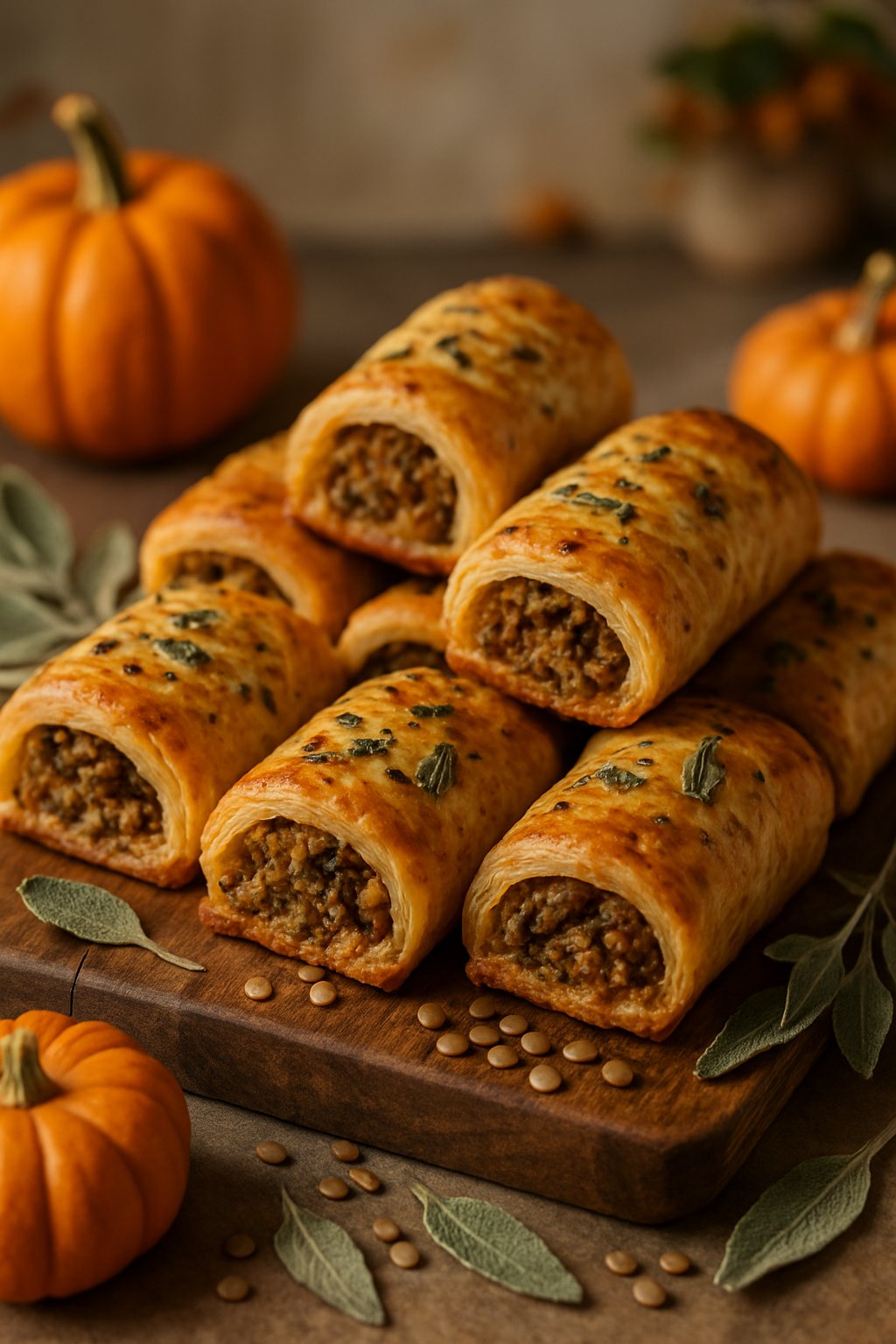 Freshly baked lentil and sage sausage rolls on a wooden board with autumn decorations around them.