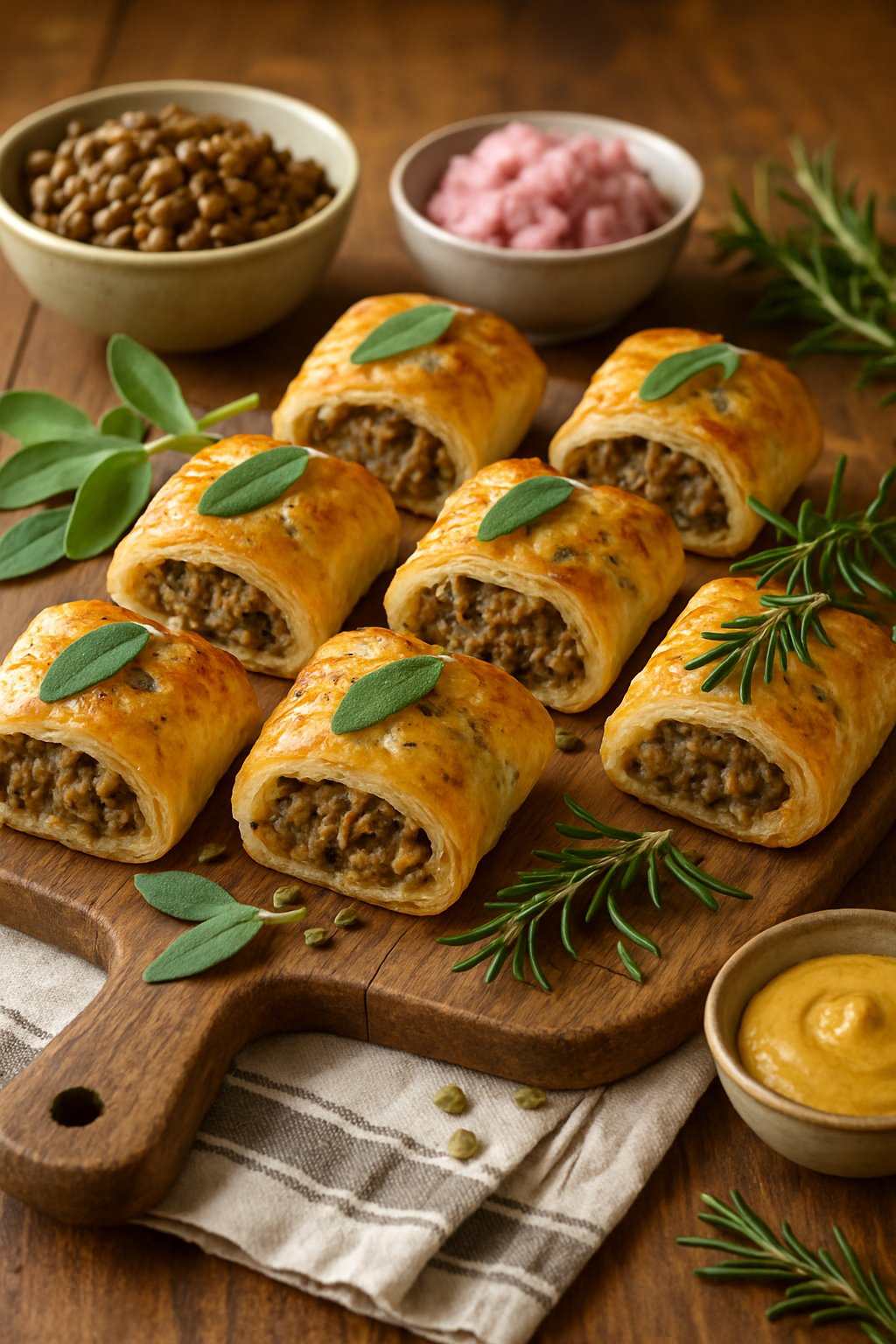 Freshly baked lentil and sage sausage rolls on a wooden cutting board with fresh sage leaves, cooked lentils, and a bowl of dipping sauce in a warm kitchen setting.