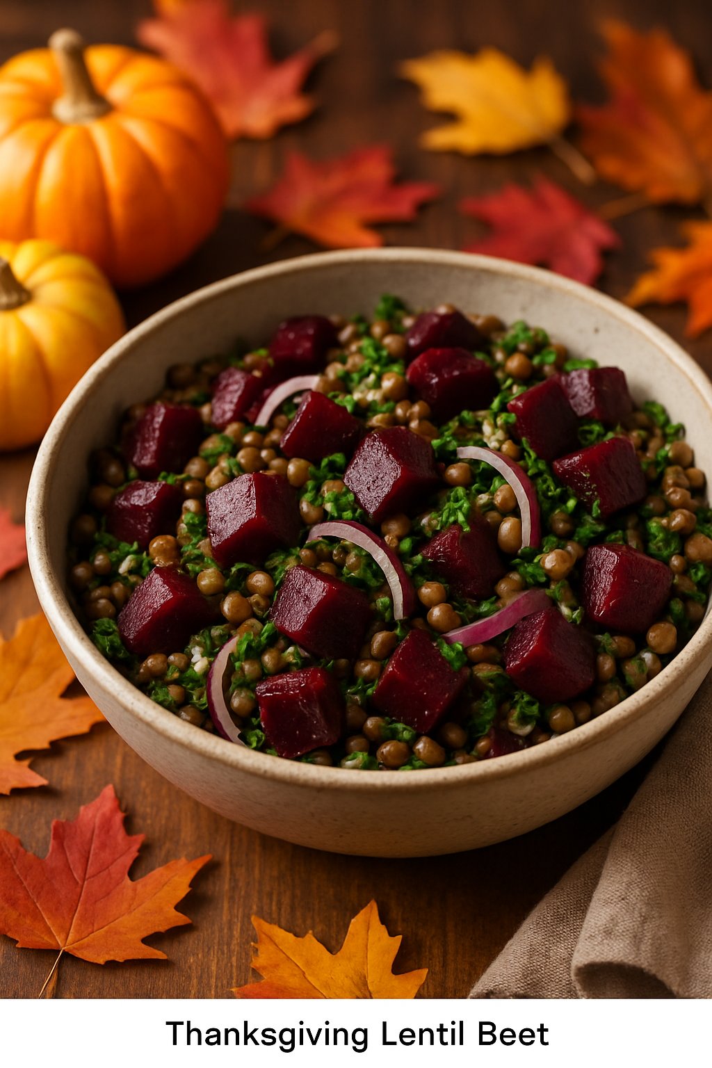 A bowl of lentil and beet salad on a wooden table with autumn decorations around it.
