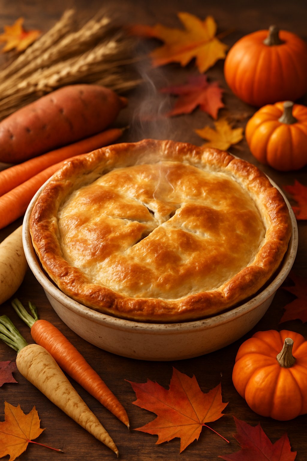 A freshly baked lentil and root vegetable pot pie with a golden crust on a wooden table surrounded by autumn vegetables and fall decorations.
