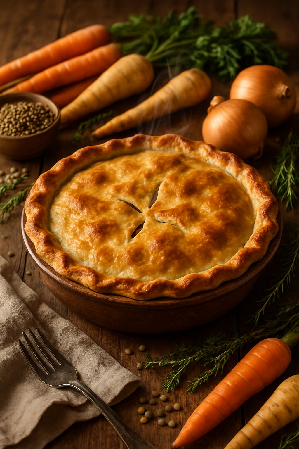 A freshly baked lentil and root vegetable pot pie with a golden crust on a wooden table surrounded by raw vegetables and herbs.