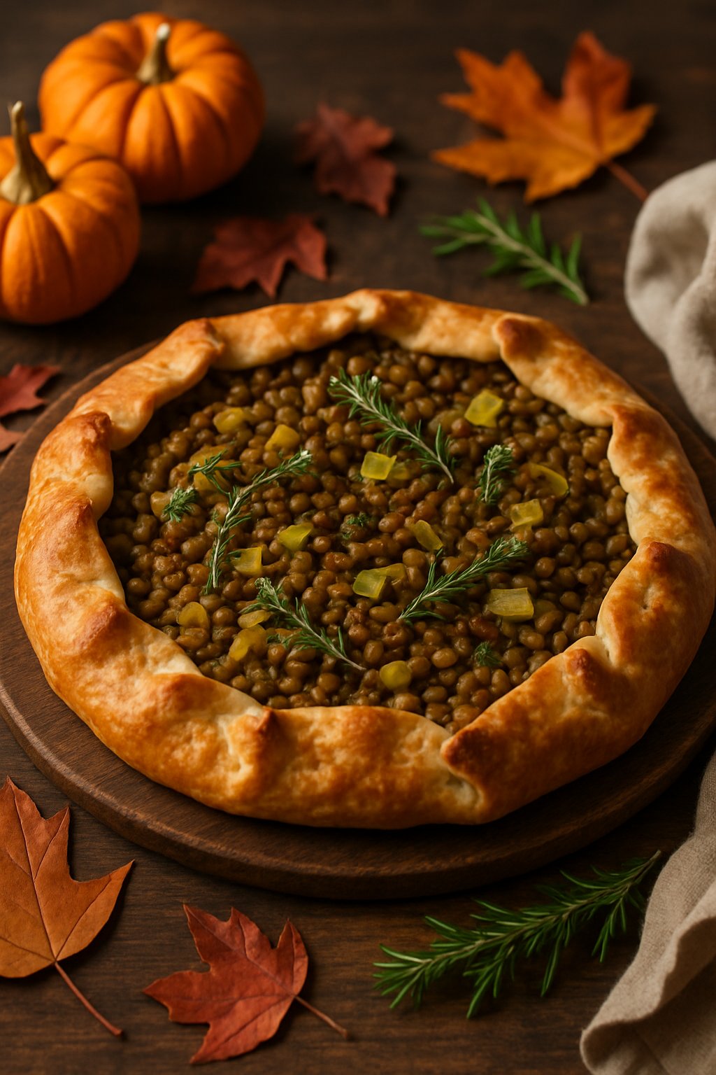 A golden brown lentil and leek galette on a wooden table surrounded by autumn decorations.