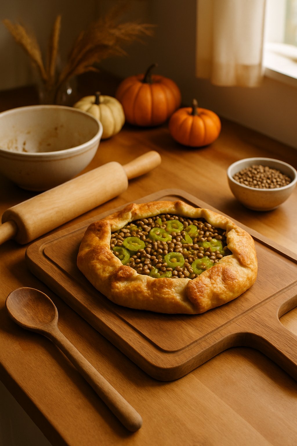 A freshly baked lentil and leek galette on a wooden board surrounded by cooking tools and autumn decorations in a kitchen.