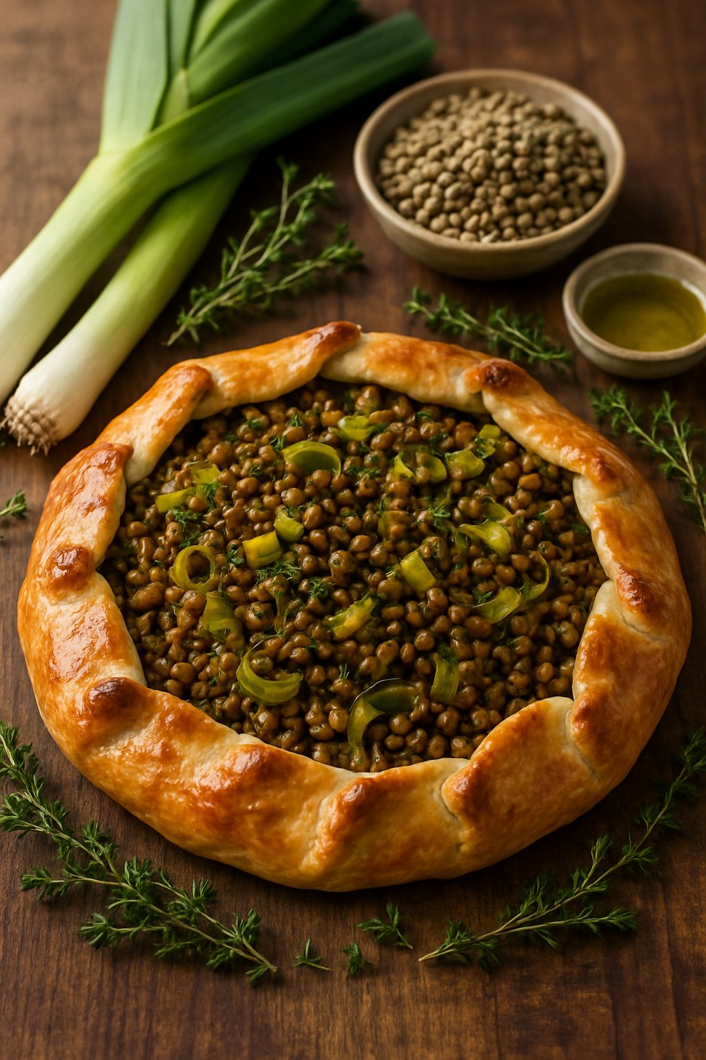 A freshly baked lentil and leek galette on a wooden table surrounded by fresh leeks, lentils, and herbs.
