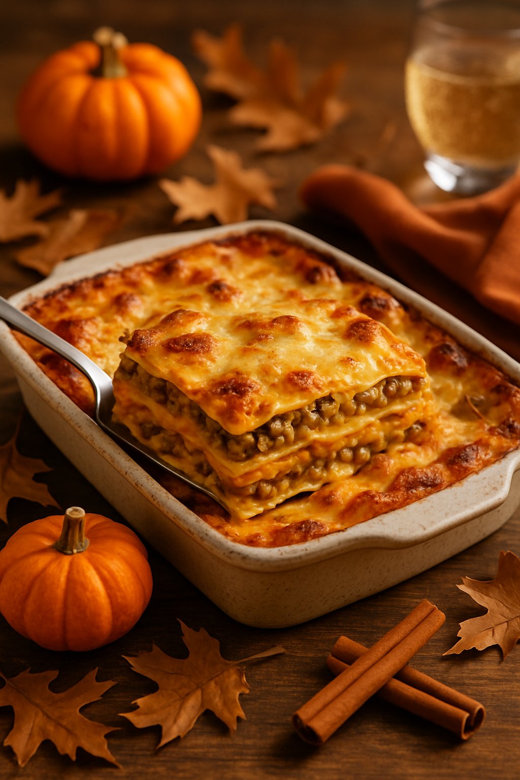 A freshly baked lentil and pumpkin lasagna in a ceramic dish on a wooden table with autumn decorations around it.