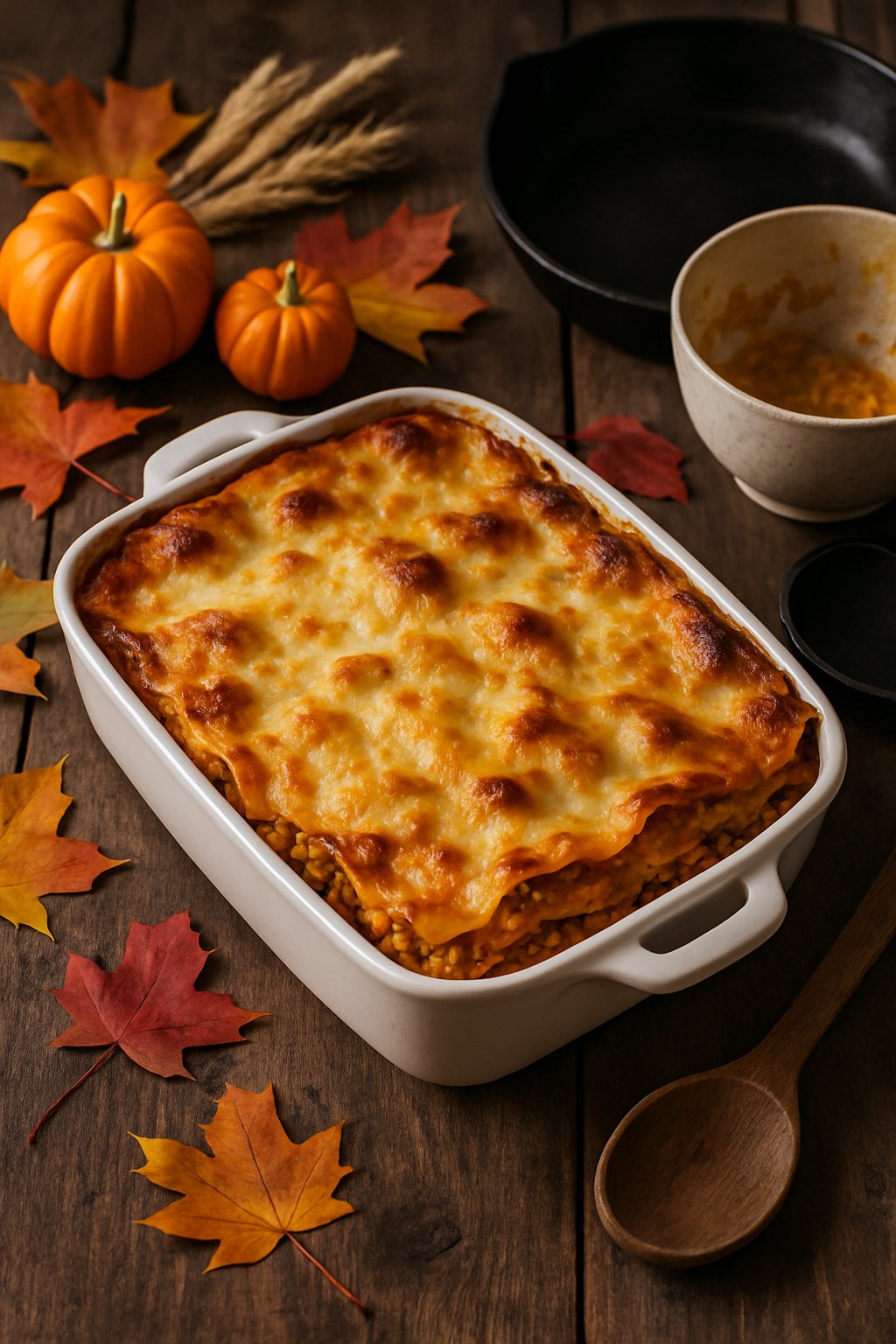 A freshly baked lentil and pumpkin lasagna on a wooden table surrounded by small pumpkins, fall leaves, and cooking utensils.