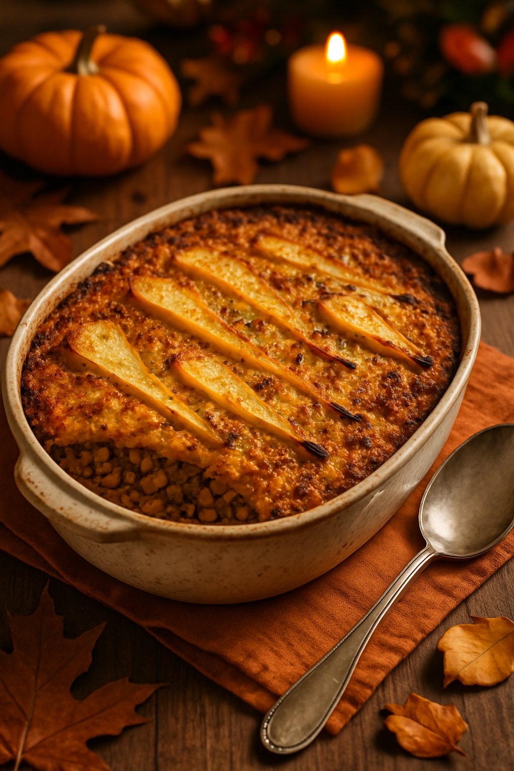 A baked lentil and parsnip casserole in a ceramic dish on a wooden table with autumn decorations around it.