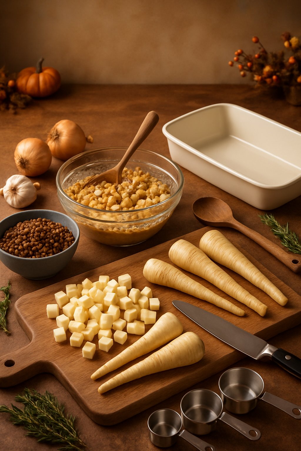 A kitchen countertop with ingredients and equipment for making a lentil and parsnip casserole, including chopped parsnips, lentils, mixing bowls, utensils, and fresh vegetables.