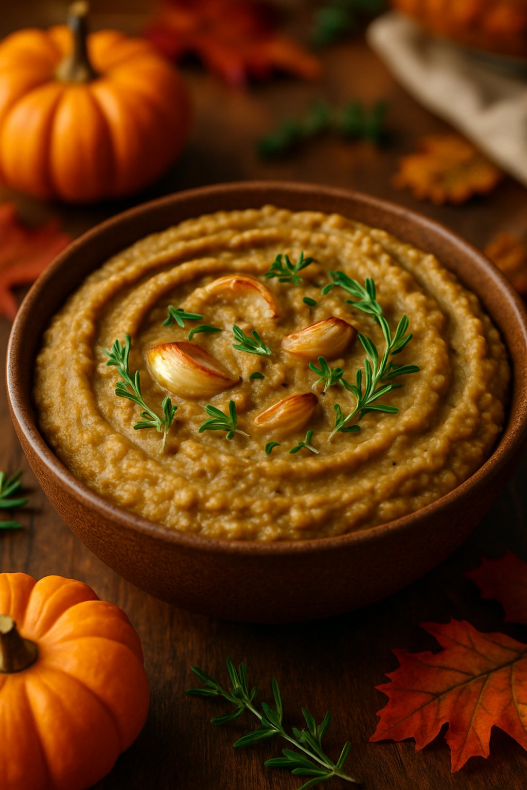 A bowl of creamy lentil and roasted garlic mash garnished with herbs on a wooden table with autumn decorations around it.