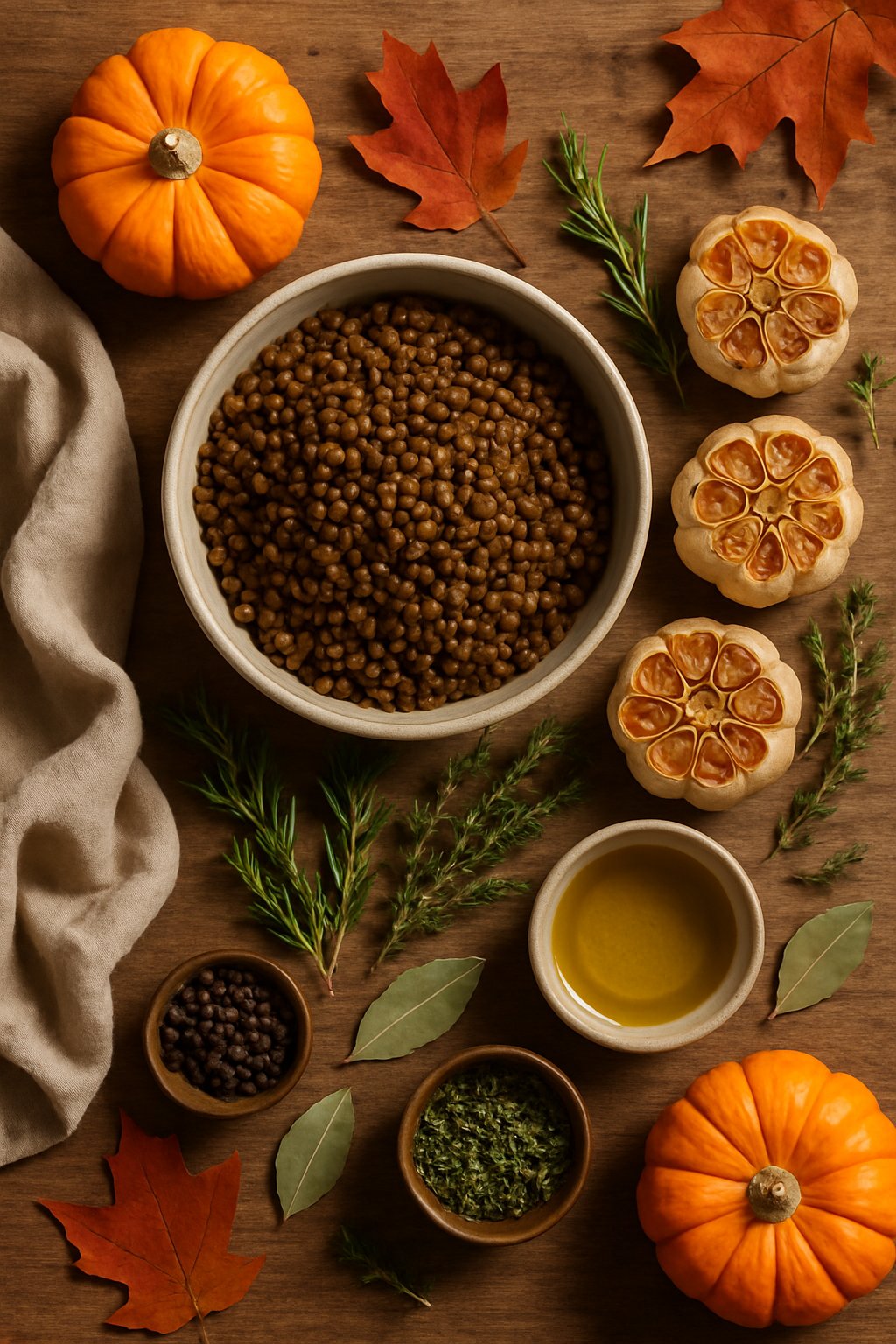 Fresh ingredients for a Thanksgiving lentil and roasted garlic mash recipe arranged on a wooden table with herbs, spices, and seasonal decorations.