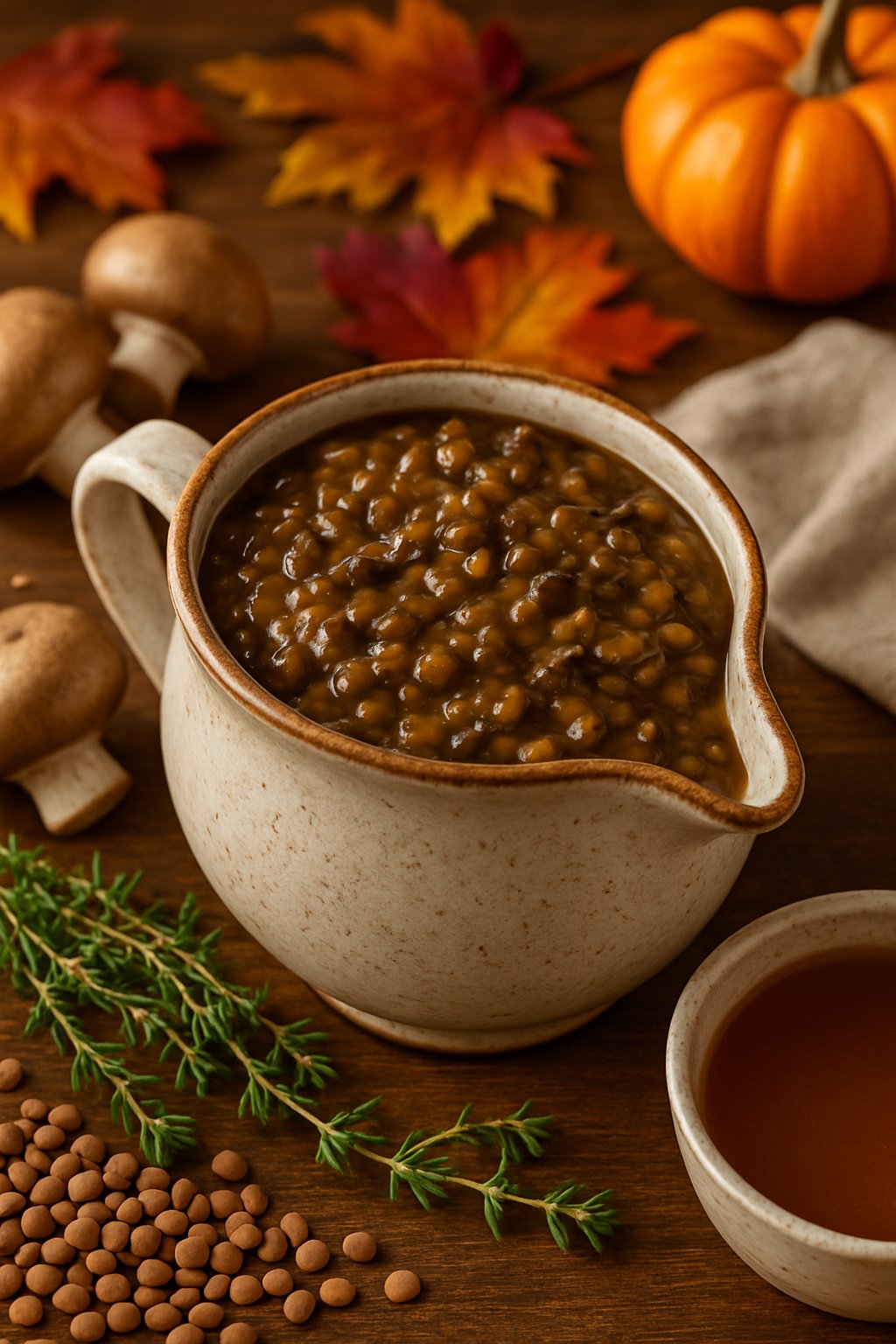 A gravy boat filled with thick lentil and mushroom gravy surrounded by fresh mushrooms, lentils, and autumn decorations on a wooden table.