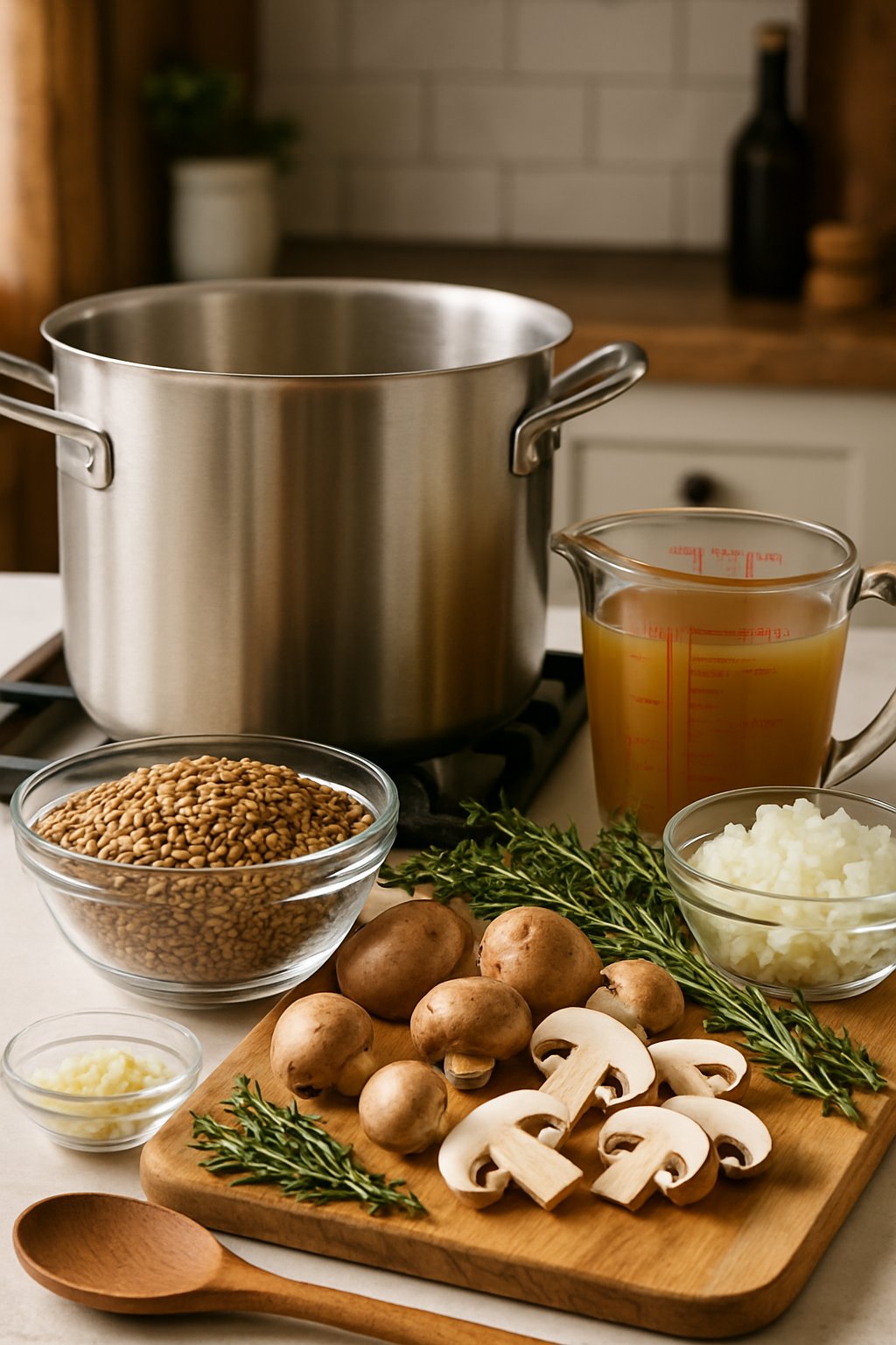 A kitchen countertop with cooking equipment and fresh ingredients for making lentil and mushroom gravy, including a pot on the stove, lentils, mushrooms, herbs, and a wooden spoon.