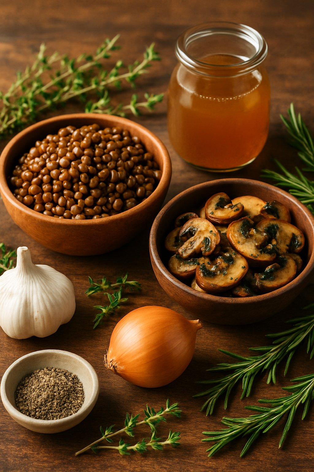 Ingredients for Thanksgiving lentil and mushroom gravy arranged on a wooden table, including lentils, mushrooms, garlic, onion, herbs, and broth.