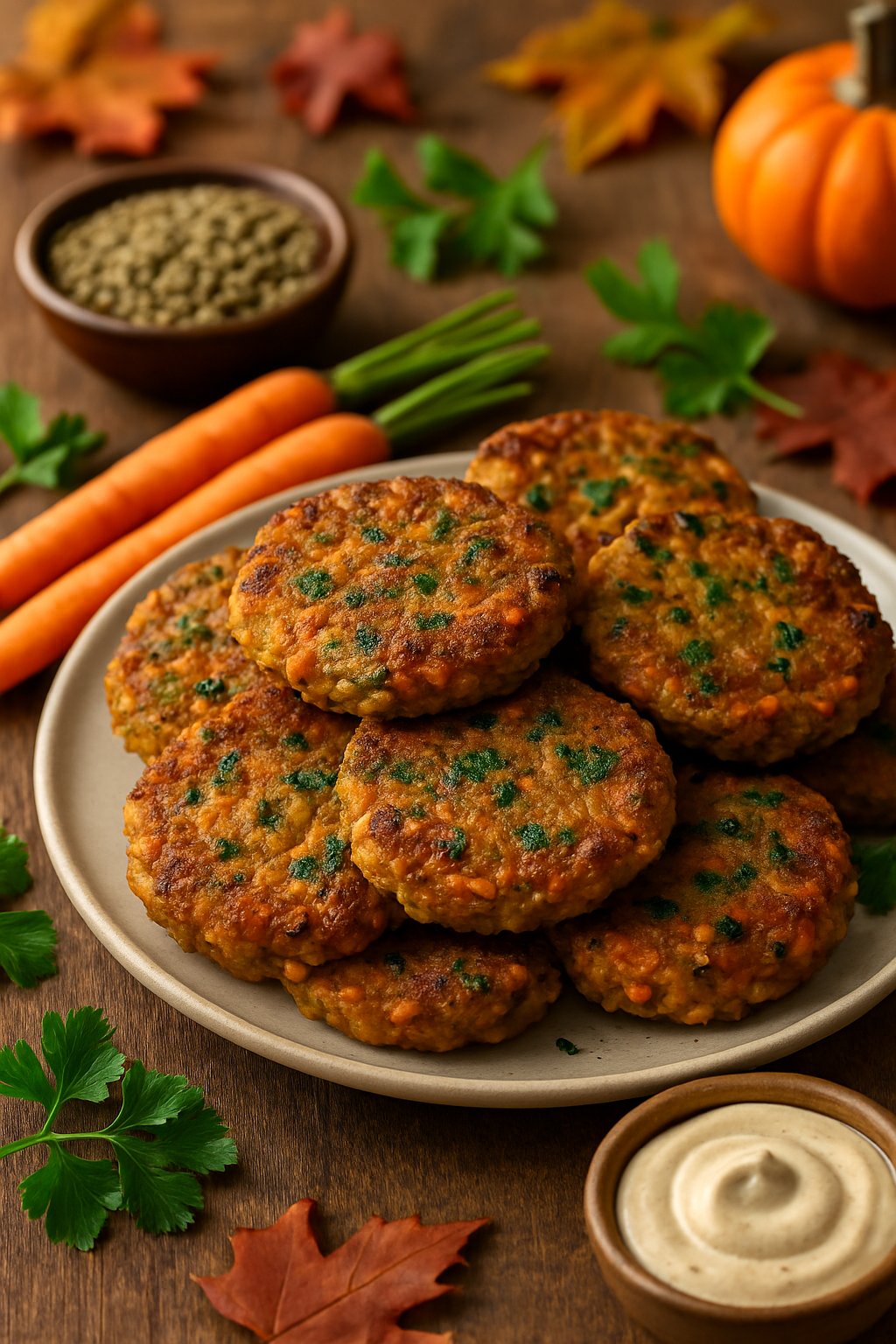 Plate of golden lentil and carrot fritters on a wooden table with fresh carrots, lentils, parsley, and a small bowl of dipping sauce.