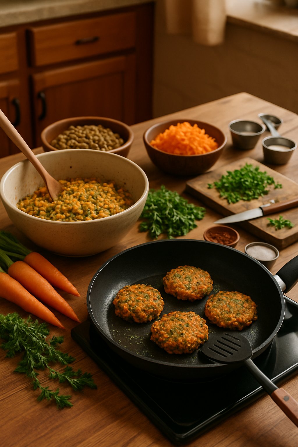 A kitchen countertop with ingredients and equipment for making lentil and carrot fritters, including cooked fritters in a frying pan and fresh vegetables nearby.
