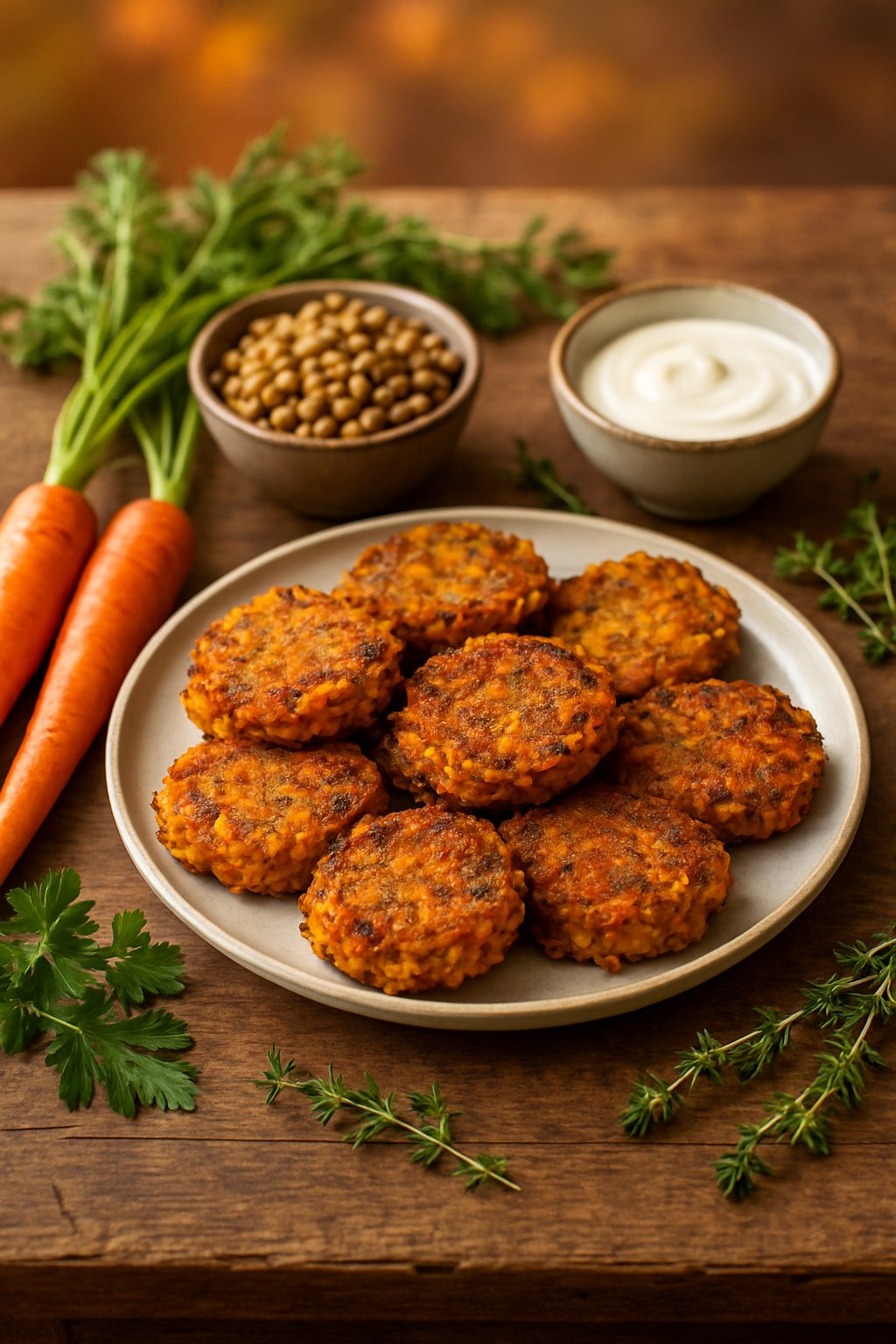 Plate of golden lentil and carrot fritters on a wooden table with fresh carrots, cooked lentils, herbs, and dipping sauce nearby.