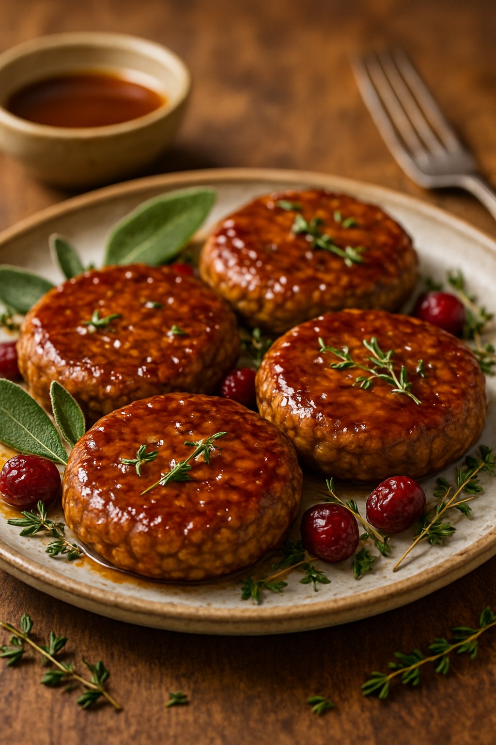 Plate of golden maple glazed lentil patties garnished with fresh herbs and cranberries on a wooden table.