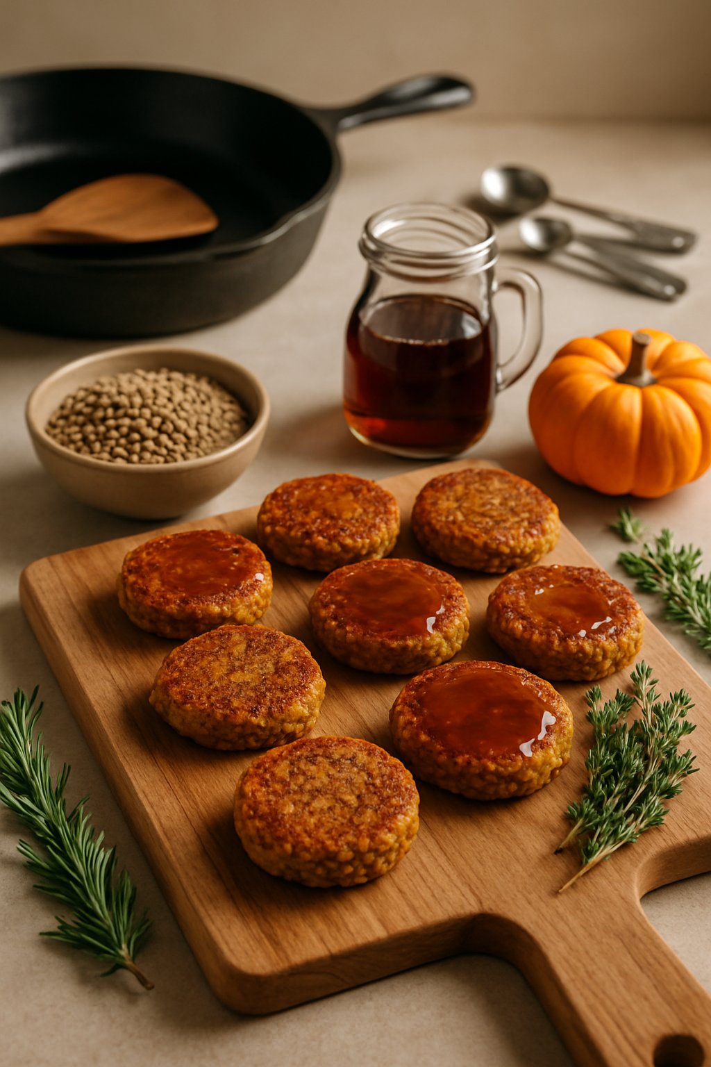 A wooden cutting board with maple glazed lentil patties, fresh herbs, maple syrup, and kitchen utensils arranged on a countertop.